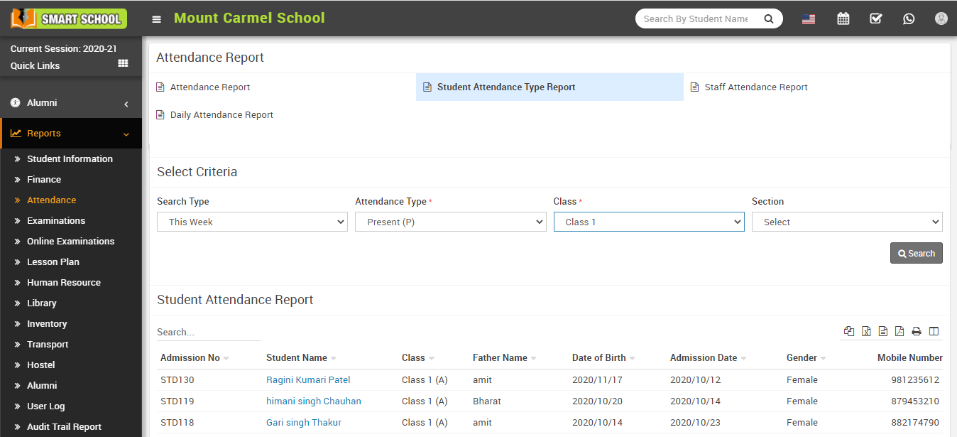 Student attendance type report image