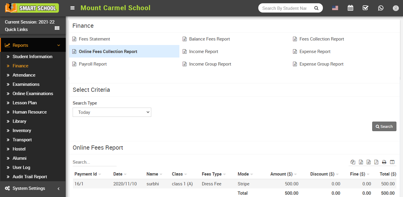 Online fees collection report image