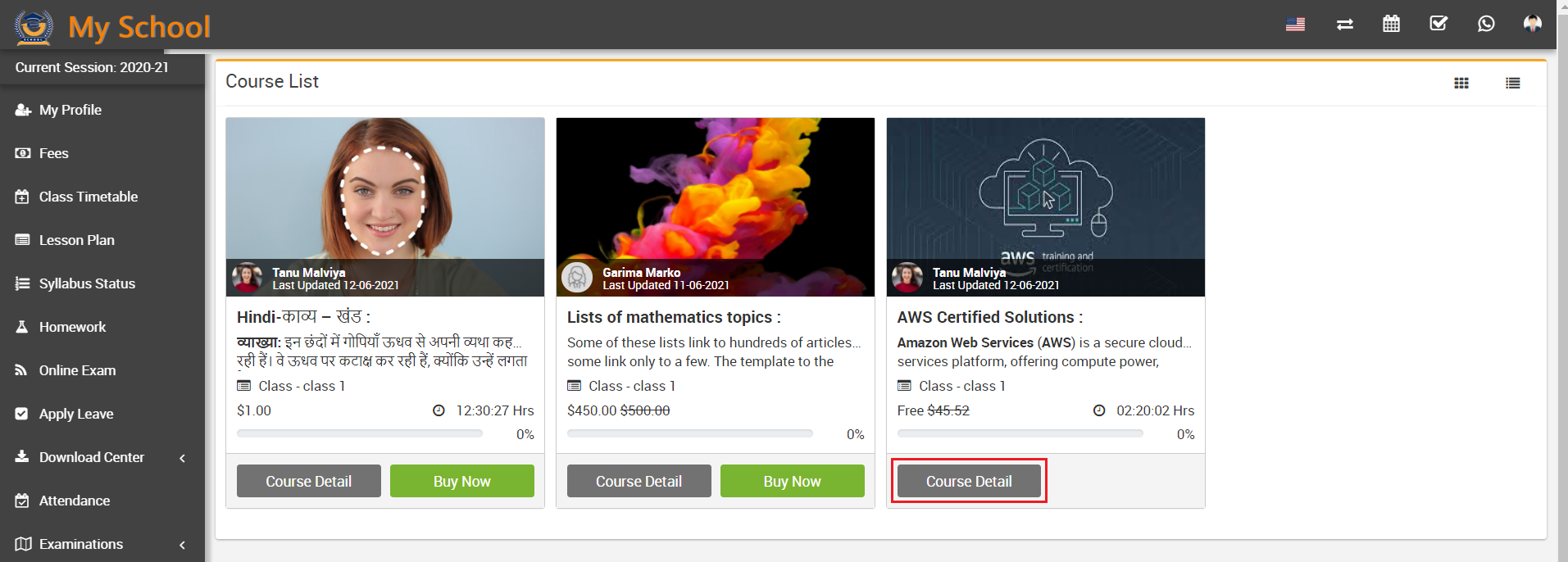 parent panel course detail