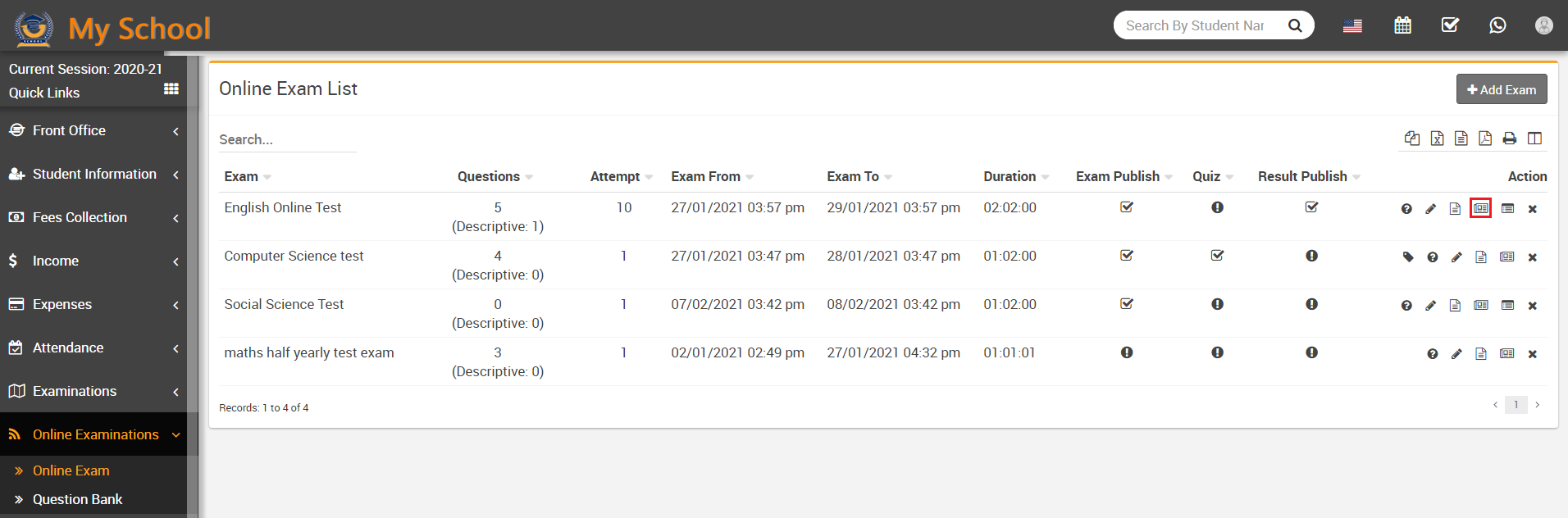 evaluate exam list
